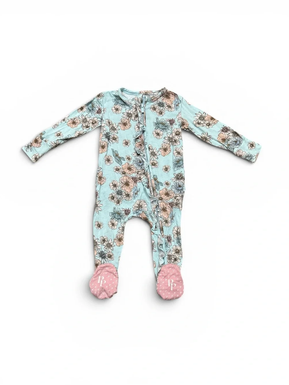 Posh Peanut Baby Girl Bamboo Boho Floral Footed Zippy Size 6-9 Months Blue/Pink